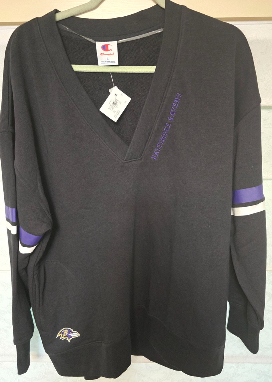 Champion Baltimore Ravens Womens Large Black V Neck Oversized Sweatshirt NWT NEW